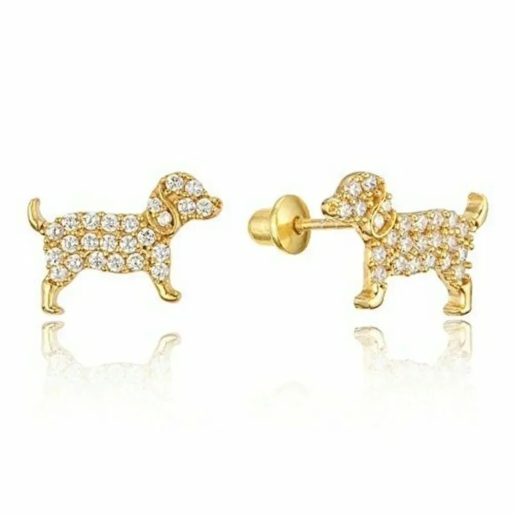 Kids Earrings 14k gold plated Dog Puppy CZ Girls.